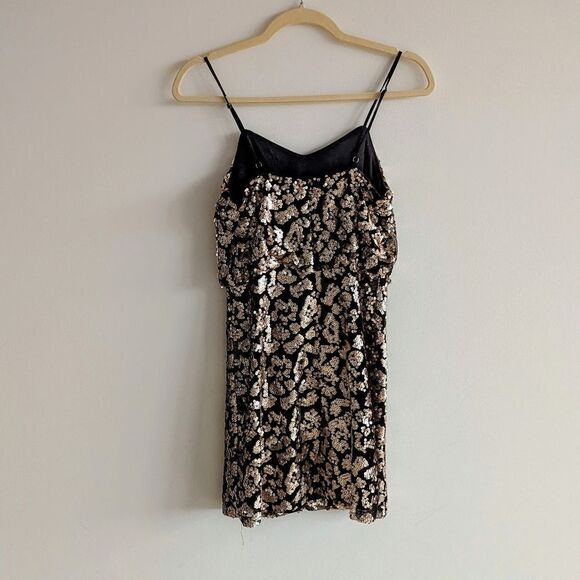 Women's Mini Dress Spaghetti Strap Rose Gold Sequined Blouson Fitted Small - Picture 5 of 7